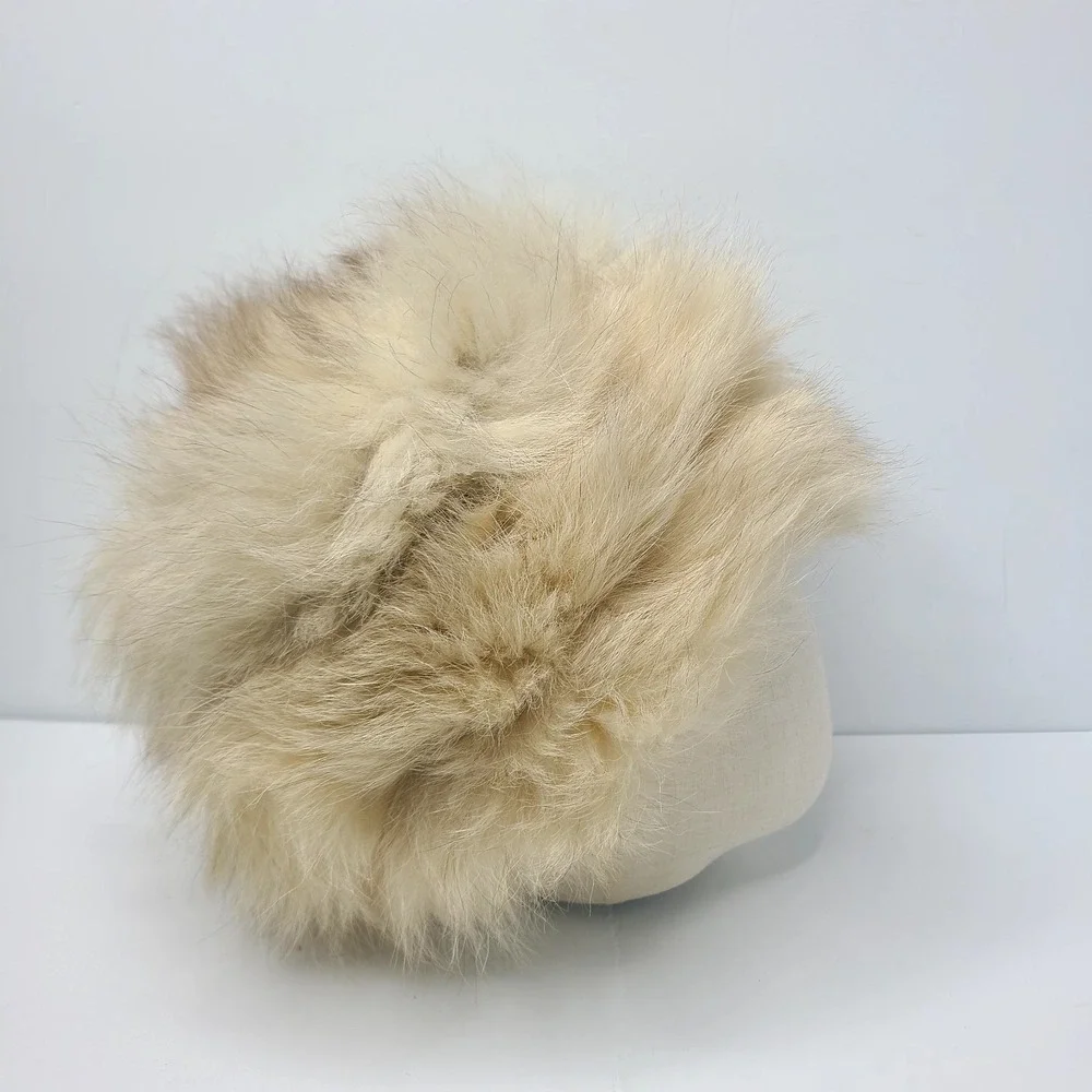 Vintage Cream Fur Cossack Russian Style Hat Winter Pillbox Fluffy Blonde Beige